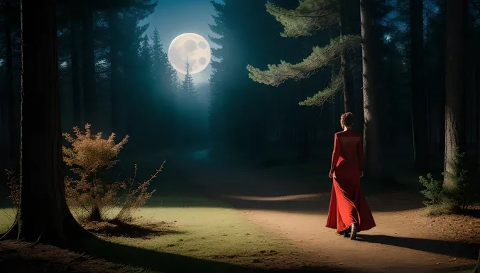 Bhoot Image: Dark Forest with Ghostly Woman in Red Dress