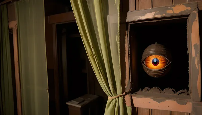 Bhoot Peeking from Behind Old Haunted House Curtain