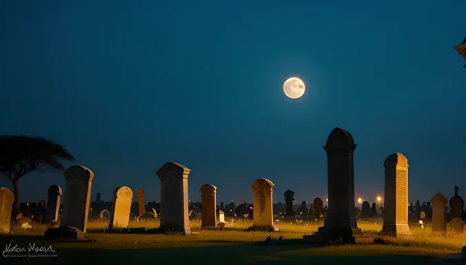 Bhoot in Desolate Graveyard Under Full Moon