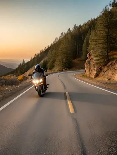 Biker Rides Off into Sunset with Wind in Hair