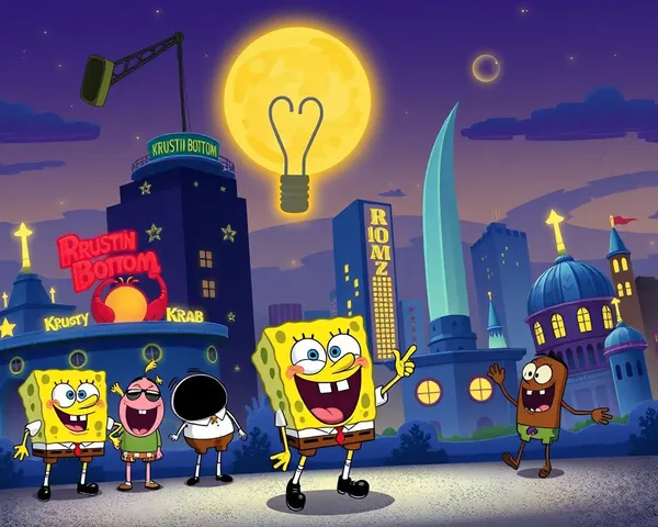 Bikini Bottom Cityscape at Night with Party