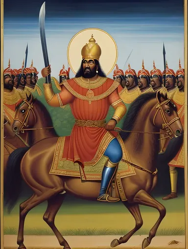Bindusara Leading Army into Battle with Sword Raised High