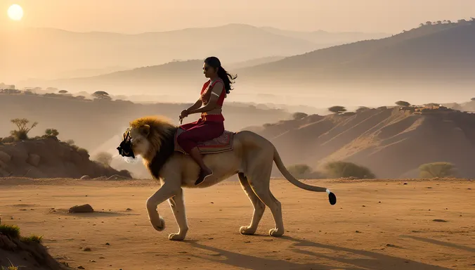 Bindusara Rides Majestic Lion at Sunset
