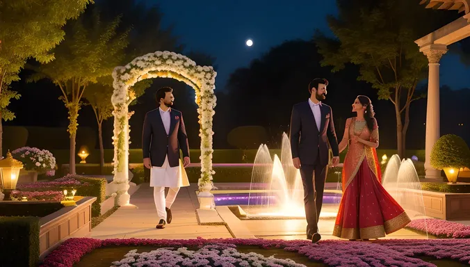 Birbal's Romantic Images: Serenading Lady in Moonlit Garden