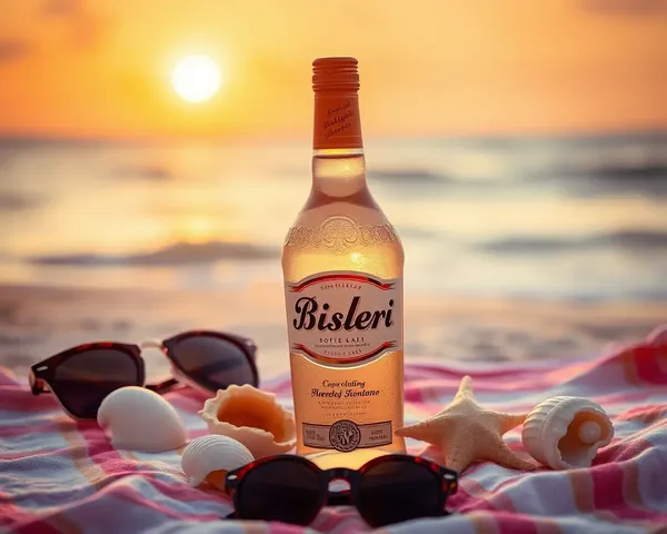 Bisleri Bottle on Beach Towel with Seashells and Sunglasses