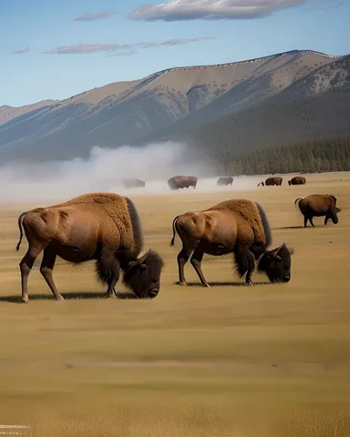 Bison Roam Free on the Grassland's Sunlit Plains