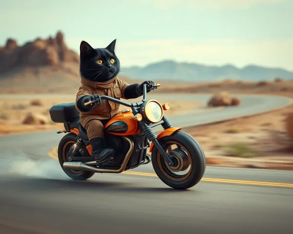 Black Cat Rides Toy Motorcycle Through Desert