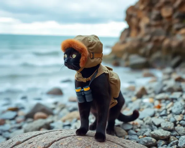 Black Cat Scans Ocean Horizon with Binoculars
