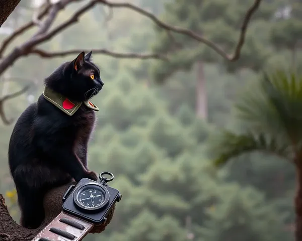 Black Cat Scouts Forest from Tree Branch