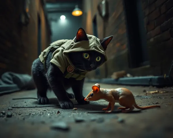 Black Cat Sneaks Up on Toy Mouse in Alleyway