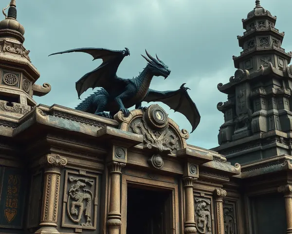 Black Dragon Perches on Ancient Temple with Intricate Carvings