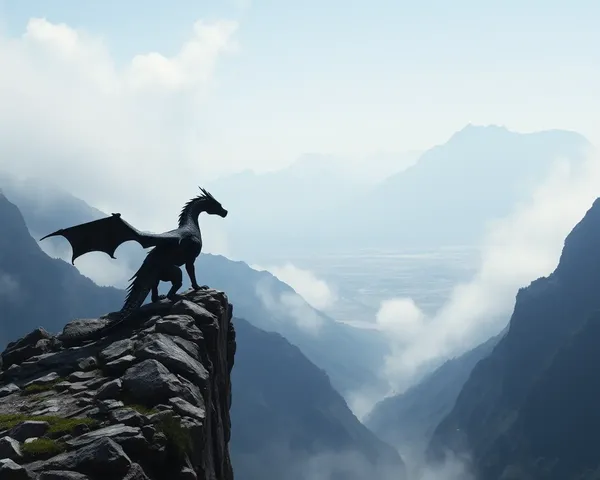 Black Dragon Stands on Rocky Cliff Overlooking Vast Valley