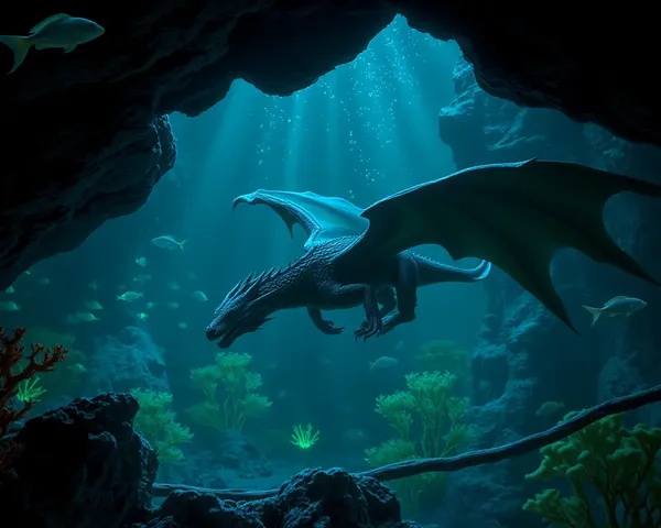 Black Dragon Swims Through Dark Underwater Cavern with Bioluminescent Fish