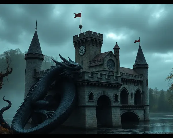 Black Dragon Wraps Around Medieval Castle with Dark Forest