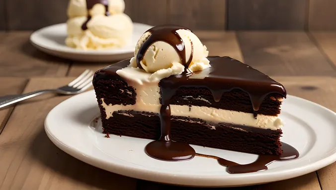 Black Forest Cake with Vanilla Ice Cream and Chocolate Sauce