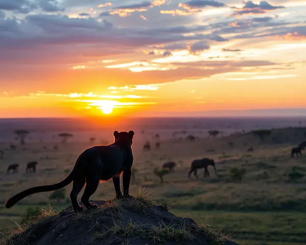 Black Panther Standing on Hill at African Savannah Sunrise