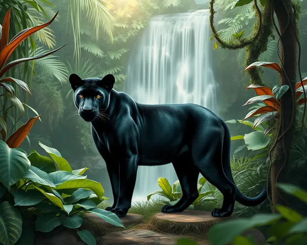 Black Panther in Lush Jungle with Misty Waterfall Background
