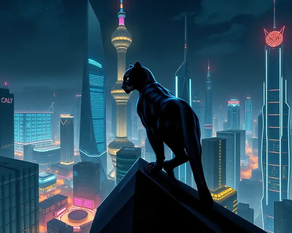 Black Panther on Rooftop of Futuristic City at Night