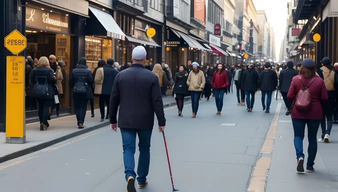 Blindfolded Wanderer Navigates Crowded City Street
