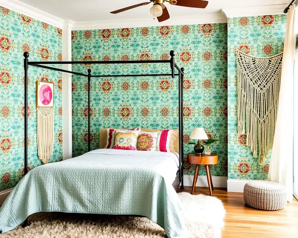 Bohemian Bedroom with Colorful Mint Green Eclectic Wallpaper