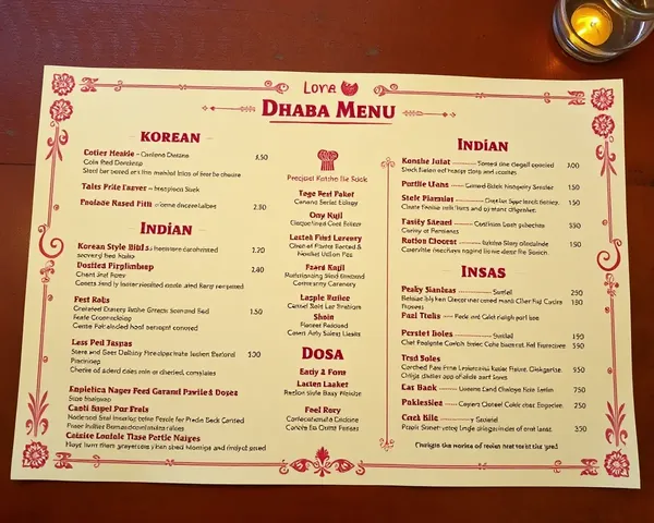 Bohemian Dhaba Menu Card with International and Indian Flavors