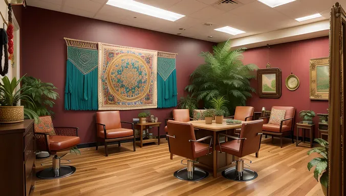 Bohemian Ladies Salon with Colorful Tapestries and Macrame Plant Holders