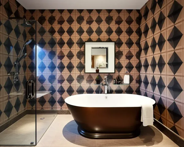 Bold Geometric Burberry Wallpaper in Sleek Bathroom