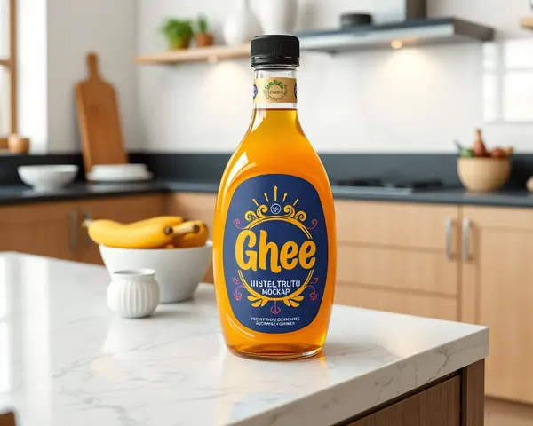 Bold Ghee Bottle Label on Modern Kitchen Island