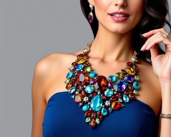 Bold Jewellery Model with Statement Necklace in Colorful Gemstones PNG