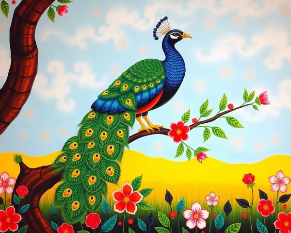 Bold Peacock Madhubani Art Wallpaper with Greenery