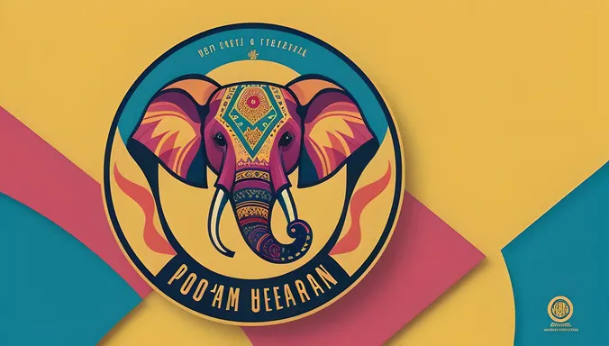 Bold Pooram Logo with Stylized Elephant Head and Bright Colors