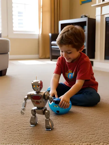 Boy Plays with Shiny Metal Robot Toy