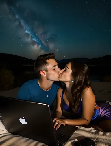 Boy and Girl Kissing Under Stars with Photo Editor Nearby