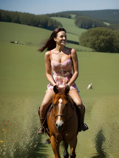Bra Lady Rides Horse in Wildflower Field