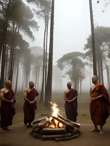 Brahman Monks Performing Ritual Ceremony in Misty Forest