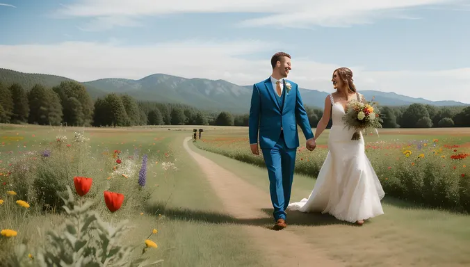 Bride-to-Be Walks Among Wildflowers in Pre-Wedding Shoot.