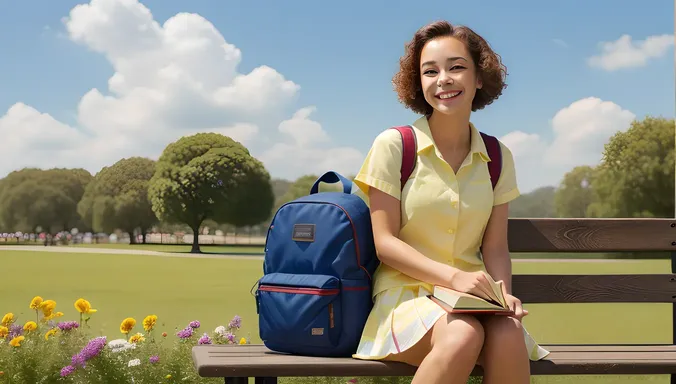 Bright School Girl Sits on Bench with Colorful Flowers Around
