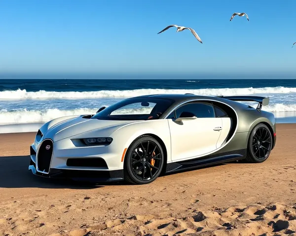Bugatti Chiron on Beach with Waves and Seagulls