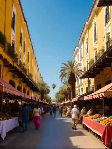 Bustling Street Market with Colorful Stalls and Palm Trees