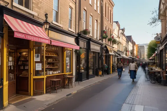 Busy City Street Features Eclectic Cafes Fashion