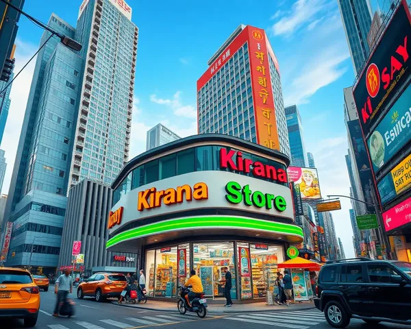 Busy Kirana Store in Metropolitan City with Modern Facade.