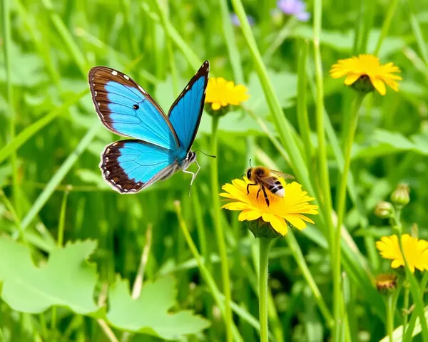 Butterfly and Bee Stroll through Lush Green Meadow