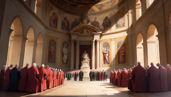 Cardinals Gather Around Papal Throne in 2025 Conclave Illustration
