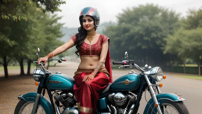 Carefree Dulhan on Vintage Motorcycle with Wind-Swept Hair