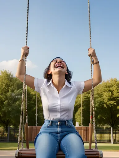 Carefree School Girl in White Shirt and Blue Jeans on Swing