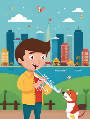 Cartoon Angel Plays Trumpet with Cityscape Background