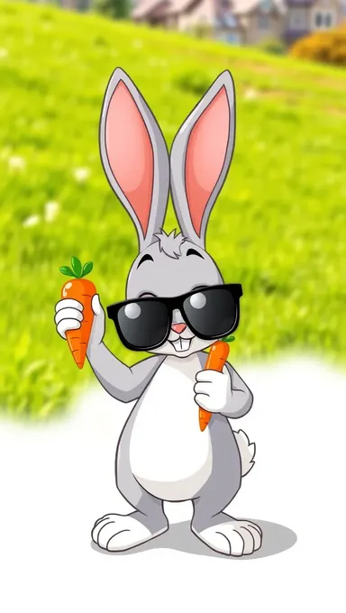 Cartoon Rabbit on Transparent Background with Carrot and Sunglasses