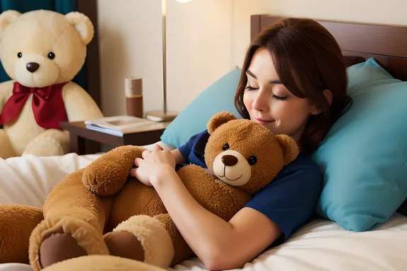 Cartoon character's cozy dreams with teddy bear zzzzzz.