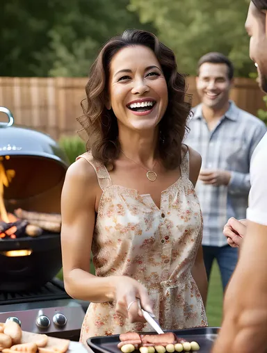 Casual Housewife Laughing with Friends at Backyard Barbecue