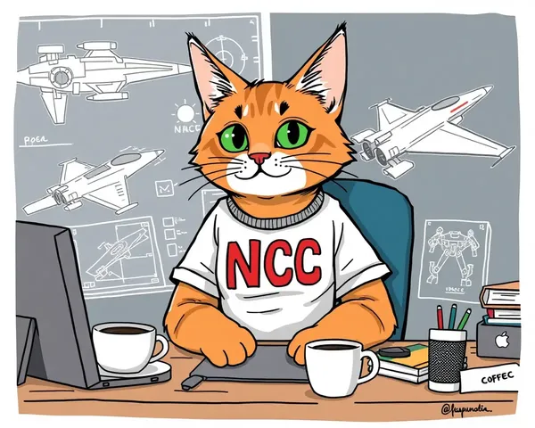 Cat in NCC T-Shirt at Desk Illustration